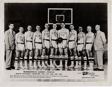1950s 8x10 Photograph of the Minneapolis Lakers Basketball Team George Mikan Jim Pollard Bob Davies