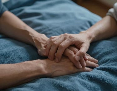 Close up of a couple's hands resting together on a soft blue blanket in a North American home, lighting suggesting a cozy, empathetic evening.