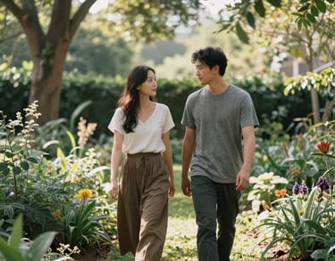 A peaceful outdoor scene of a North American couple walking through a garden, soft sunlight filtering through trees, focusing on calm communication.