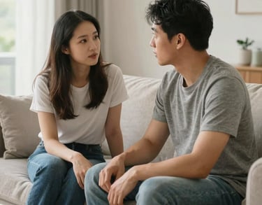 A North American couple sitting on a modern sofa in a bright living room, engaged in a meaningful conversation with empathetic expressions, professional photography with soft morning light.