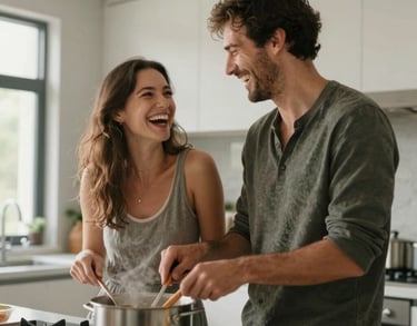 A couple laughing together while cooking in a modern North American kitchen, natural lighting, photography reflecting a high-quality, joyful relationship.