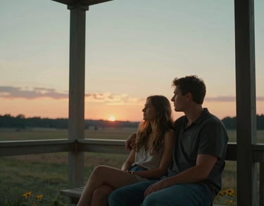 A serene North American couple sitting together on a porch at sunset, sharing a quiet moment of connection, soft teal and orange lighting.