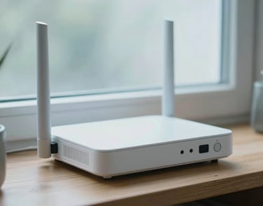 A close-up of a modern white home internet router sitting on a wooden shelf, soft overcast morning light streaming through a window, shallow depth of field, 35mm photography