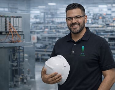 Industrial automation engineer holding hard hat in SCADA-controlled manufacturing environment