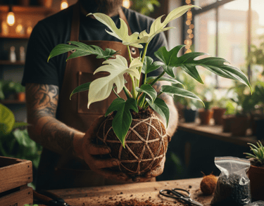 Una persona sostiene una planta Philodendron Florida Ghost en una bola de musgo kokedama 