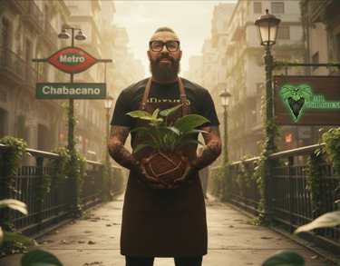 Hombre barbudo sosteniendo un kokedama de filodendro cerca de la estación de metro Chabacano.
