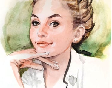 Aquarelle représentant une femme souriante portant des lunettes de soleil sur la tête et la main sur