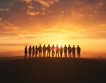 Silhouettes at sunset on a hill, Thunder Motivation celebrating community, hope and resilience.
