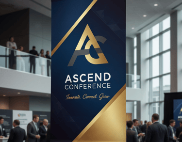 Vertical Ascend Conference banner with gold logo hanging in a busy modern business convention hall.