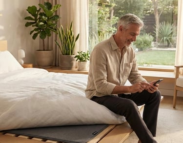 Man using a smartphone sitting on a bed.