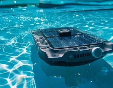 Automatic solar powered pool skimmer cleaning debris in a sunny backyard swimming pool.