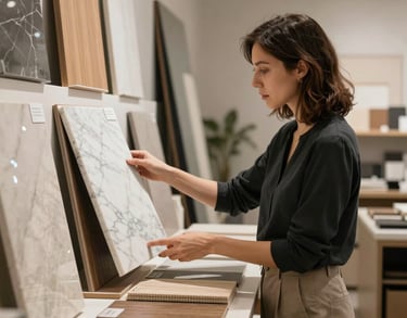 A professional interior designer in a stylish studio in Nîmes, looking at material samples like marble and wood, soft lighting, sophisticated atmosphere.