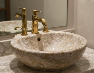 A detailed shot of a custom-made bathroom vanity with stone basin and brass fixtures, reflecting luxury and calm.