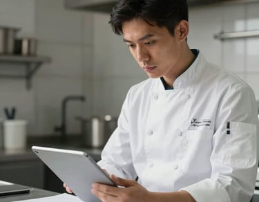 A kitchen technician examining a technical blueprint on a tablet in a modern kitchen setting, precision and expertise, soft natural lighting.