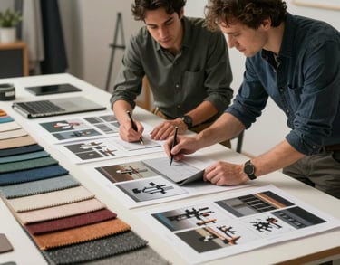 A team of two interior designers collaborating around a large table with fabric samples and 3D renders, creative and professional setting.