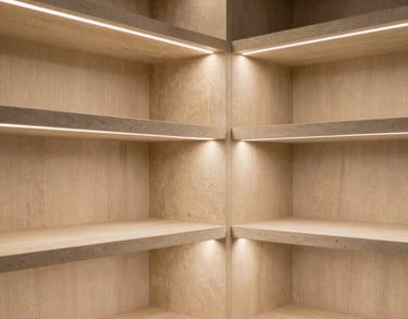 Detail of a custom-built walk-in closet with integrated LED lighting and warm stone-colored shelves, elegant and organized, professional photography.