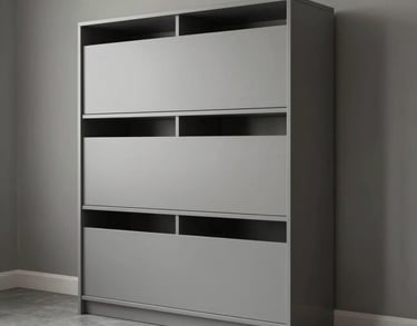 A minimalist living room storage unit built into a wall, matte finish in soft gray tones, elegant and soothing ambiance.