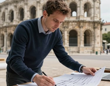 A project manager reviewing architectural plans on a site in Nîmes, professional atmosphere, focused on quality and detail.
