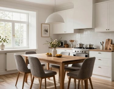 A bright and airy dining area integrated into a modern kitchen, featuring a wooden table and designer chairs, European French chic decor.