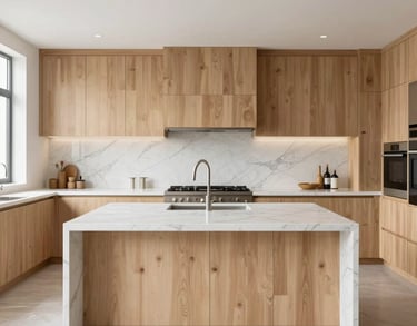 Wide shot of a luxury kitchen featuring a large central island, white marble backsplash, and light wood cabinetry, bright and serene atmosphere.