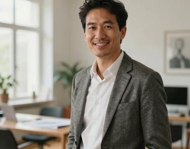 Portrait of a lead interior designer in a light-filled French office, wearing smart casual attire, professional and welcoming expression, blurred architectural background.