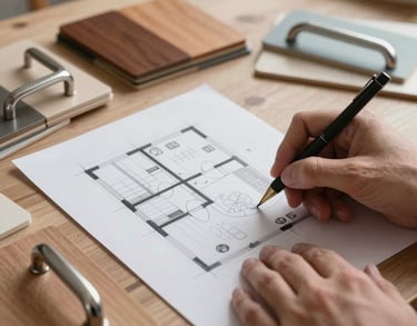 A close-up photo of hands sketching a kitchen layout on paper, surrounded by wood swatches and metal handles, artisan workshop feel.