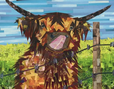 Paper collage art of a brown highland cow behind a wire fence in a green meadow.