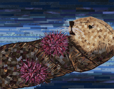Textile collage of a sea otter floating in blue water with purple sea urchins on its belly.