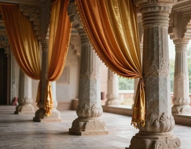 A peaceful interior of a meditation sanctuary with stone pillars and silk drapery in saffron and gold. South Asian architecture, soft natural light.