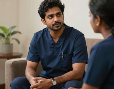 A professional therapist in a dark blue uniform talking gently to a person in a peaceful consulting room, South Asian / Tamil Nadu, India.