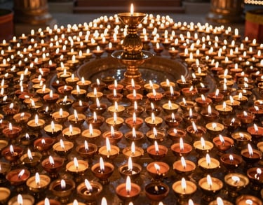 A wide shot of a sacred prayer hall with hundreds of small oil lamps lit, creating a glowing aura of light. South Asian spiritual context.