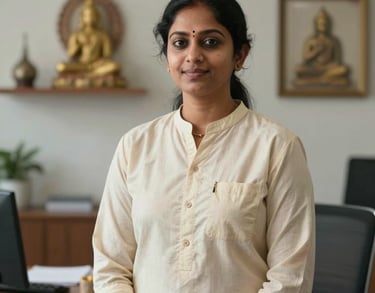A professional portrait of a wellness coordinator in a light cream tunic standing in a bright, modern office with subtle spiritual decor, South Asian / Tamil Nadu, India.