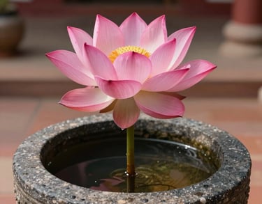 A blooming pink lotus flower in a stone water vessel at the entrance of a spiritual retreat center, South Asian / Tamil Nadu, India.