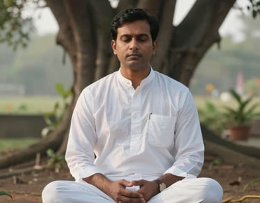 A serene portrait of a South Asian man in white meditation clothes sitting in a garden with banyan trees. Soft morning light, mystical atmosphere.