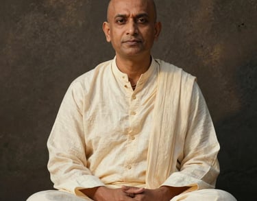 A portrait of a South Asian male spiritual guide in cream linen robes, sitting calmly against a textured dark wall. Soft golden hour lighting, peaceful expression.