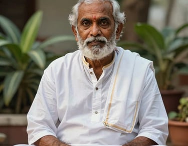 A portrait of a spiritual leader with a calm expression, wearing traditional white cotton attire, seated in a tranquil garden setting, South Asian / Tamil Nadu, India.