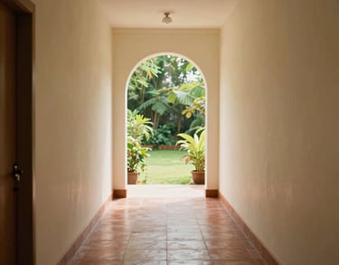 A warm, sunlit hallway in a wellness center with cream walls and terracotta tile flooring, looking out towards a lush green garden, South Asian / Tamil Nadu, India.