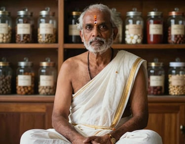 A photograph of a Siddha practitioner in a traditional clinic setting, surrounded by wooden shelves of glass jars, South Asian / Tamil Nadu, India.