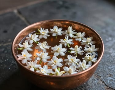 Photography of a copper bowl filled with water and floating white jasmine flowers. Dark stone floor, mystical lighting in a South Asian temple.