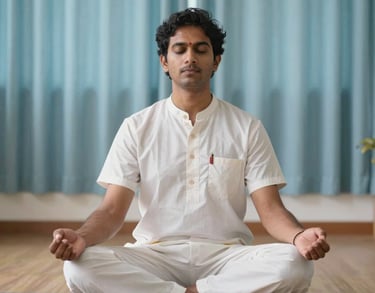 A portrait of a yoga therapist sitting in a lotus position in a bright studio with soft indigo curtains, South Asian / Tamil Nadu, India.