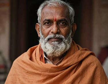 A professional portrait of a South Asian elder with a grey beard, wearing a saffron shawl. Focused and wise gaze, indoor temple lighting with deep shadows.
