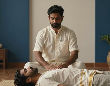 A photograph of a practitioner conducting a wellness session in a clean, minimalist room with navy blue accents and warm lighting, South Asian / Tamil Nadu, India.
