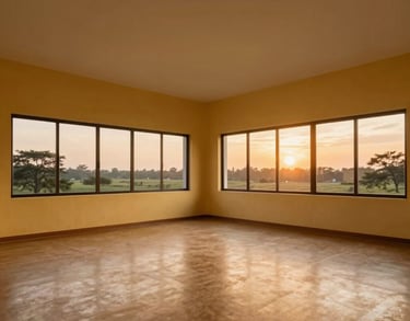 A wide-angle interior shot of a minimalist meditation hall with warm gold walls and large windows showing a sunset, South Asian / Tamil Nadu, India.