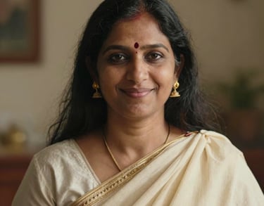 A portrait of a South Asian woman spiritual teacher, smiling gently. She wears gold earrings and a cream shawl. Warm, inviting natural light.