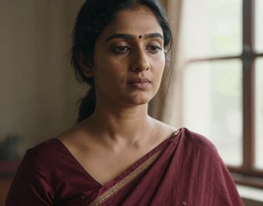 A portrait of a South Asian woman in her thirties, wearing a deep maroon sari, looking serene and enlightened. Natural, soft sunlight from a window, spiritual aura style.