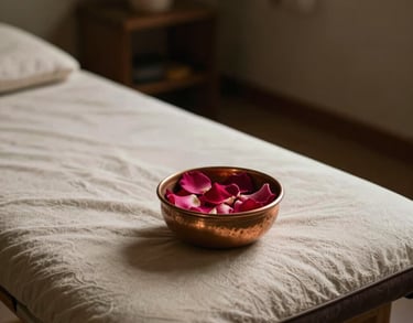 A serene treatment room featuring low lighting, a comfortable mat, and a small copper bowl with rose petals, South Asian / Tamil Nadu, India.