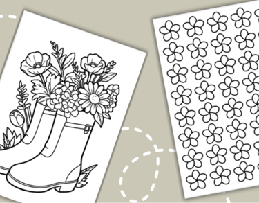 Spring garden coloring pages featuring a garden gnome, flowers in boots, and a butterfly watering can.