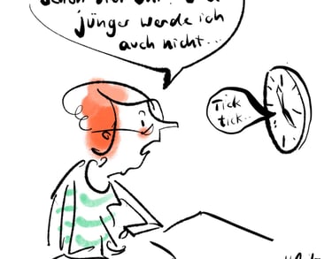 Comiczeichnerin bei der Arbeit schaut auf die Uhr an der Wand
