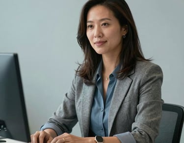 Professional portrait of a resume coach sitting at a desk with a light gray-blue background, focused and supportive expression, North American / US professional setting.