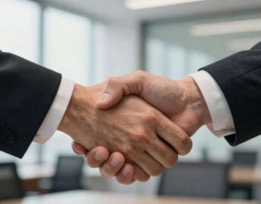 A close-up of a professional handshake in a modern office, bright natural lighting, North American / US corporate setting, capturing a moment of agreement and hope.